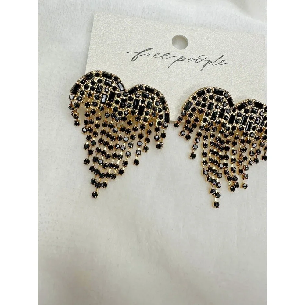 NEW Free People Hearts On Fire Dangle Earrings Rhinestones Fringe Bling Formal
